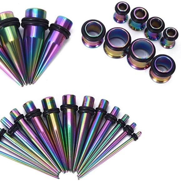 NEW Gauge Earrings Rainbow Steel 2 Tapers 2 Plugs - Picture 6 of 6